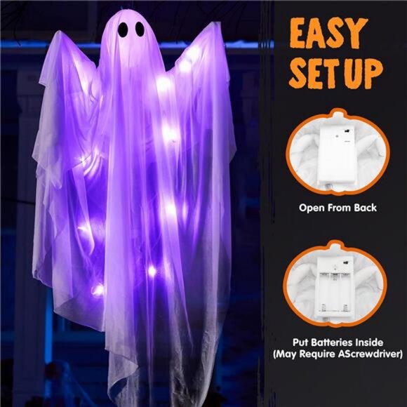 47” Halloween Hanging Light up Ghost Decoration Outdoor with Purple LED - Picture 4 of 8